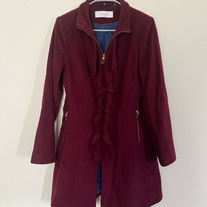 T Tahari Burgundy Trench Coat with Ruffle Detail